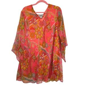 Signature by Studio F Dress 2X Pink Paisley Floral Beaded Kaftan Style Sheer